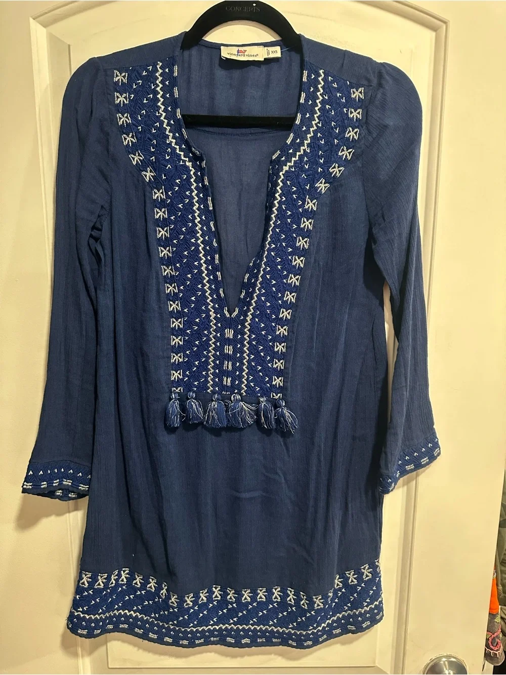 Vineyard Vines Navy Embroidered Tassel Mini Dress or Tunic fits up to Small
